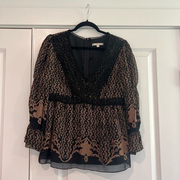Nanette Lepore Women's 100% Silk Vneck Blouse Brown Black Lace Pattern Size 6 - Picture 1 of 8